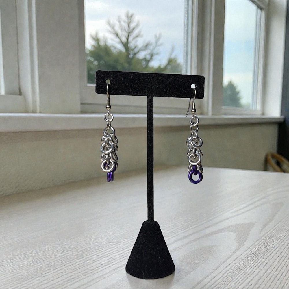 Aluminum Chainmail Silver with Purple tip Dangle Earrings